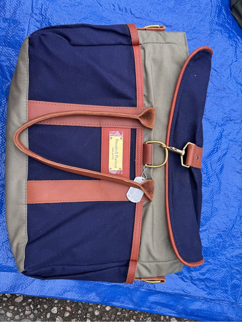 Sword & Plough Navy & Olive Canvas Duffel with Brown Leather Trim
